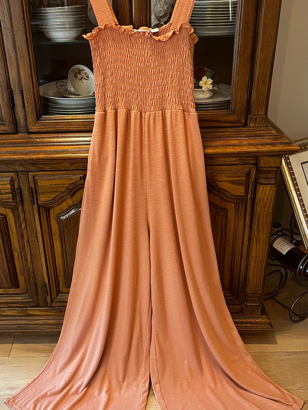 ROXY Jumpsuit Maxi Wide-Leg Smocked Bodice Straps Coral Sand Extra Small - Picture 8 of 12